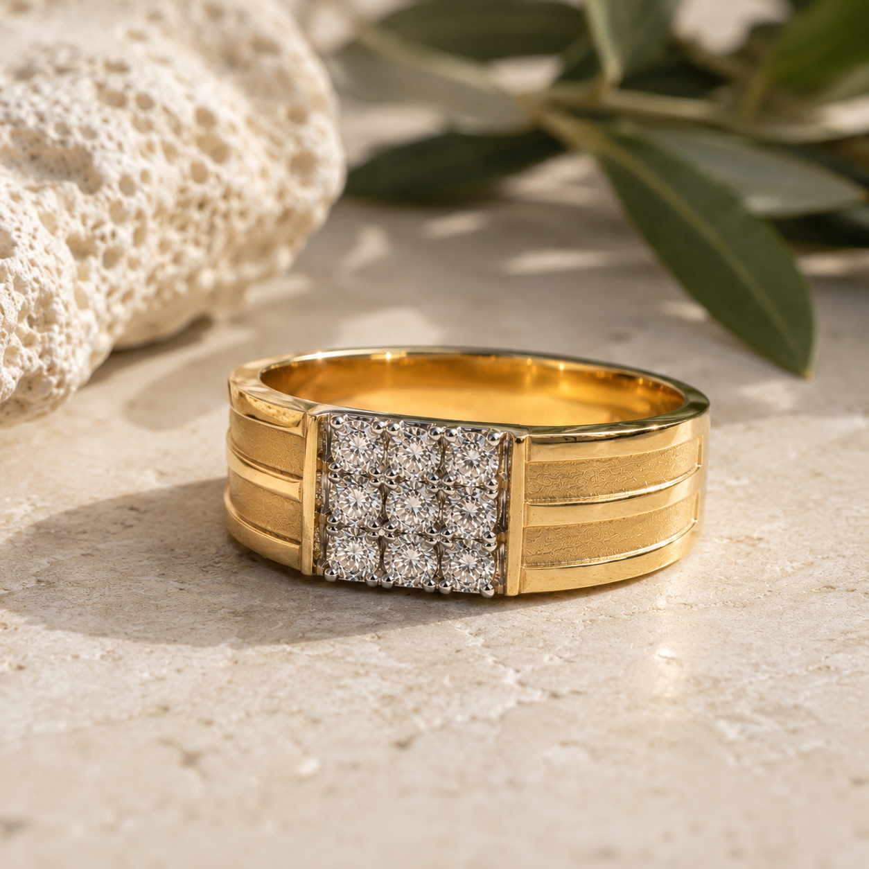 Ribbed Diamond Mens Ring