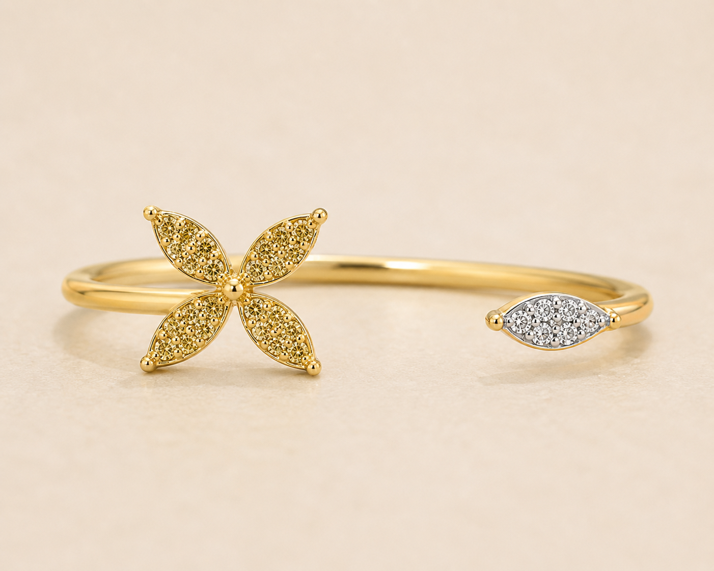 Yellow & White Diamond open Floral Ring Yellow Diamond