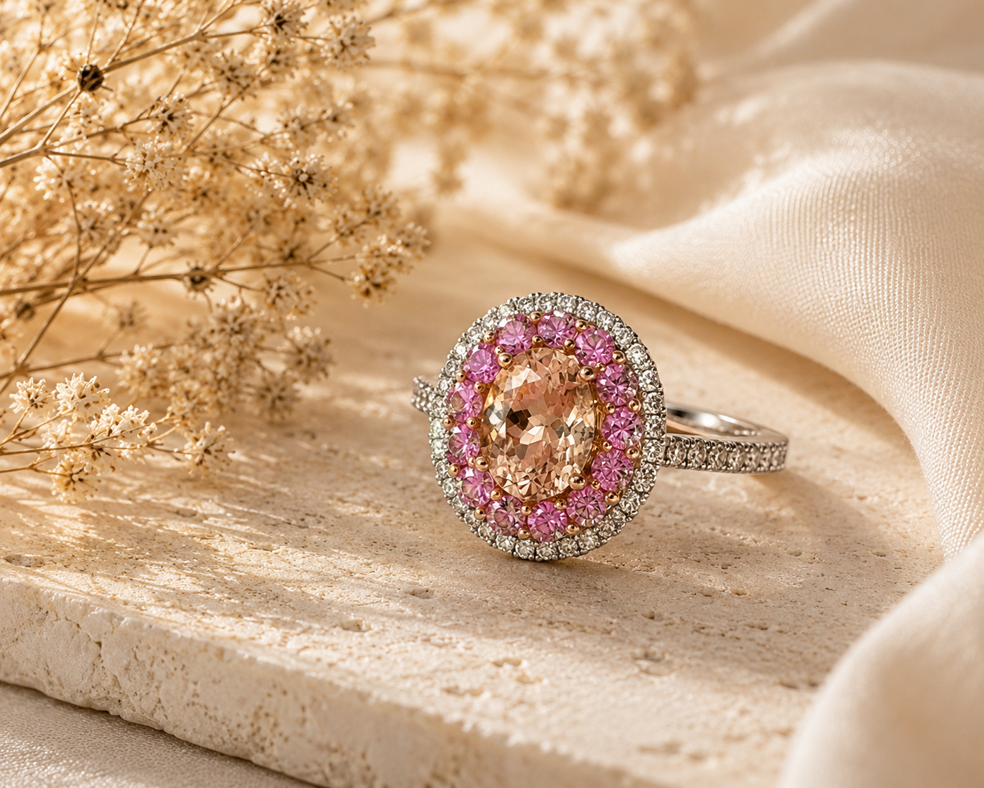 Multi Halo Pink Sapphire & Diamond Morganite Ring Morganite