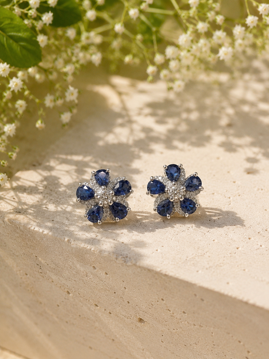 Flower Power Blue Sapphire and Diamond Studs Blue Sapphire