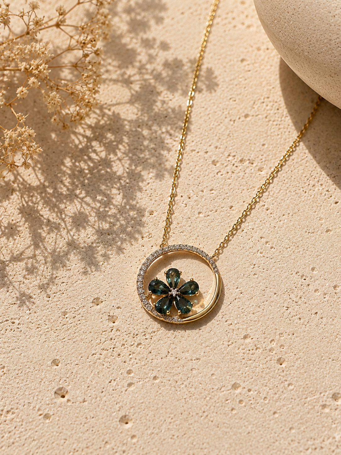Teal Sapphire Flower & Diamond Necklace teal sapphire
