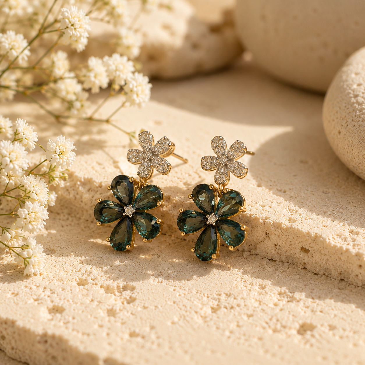 Diamond Sapphire Floral Drop Earrings teal sapphire