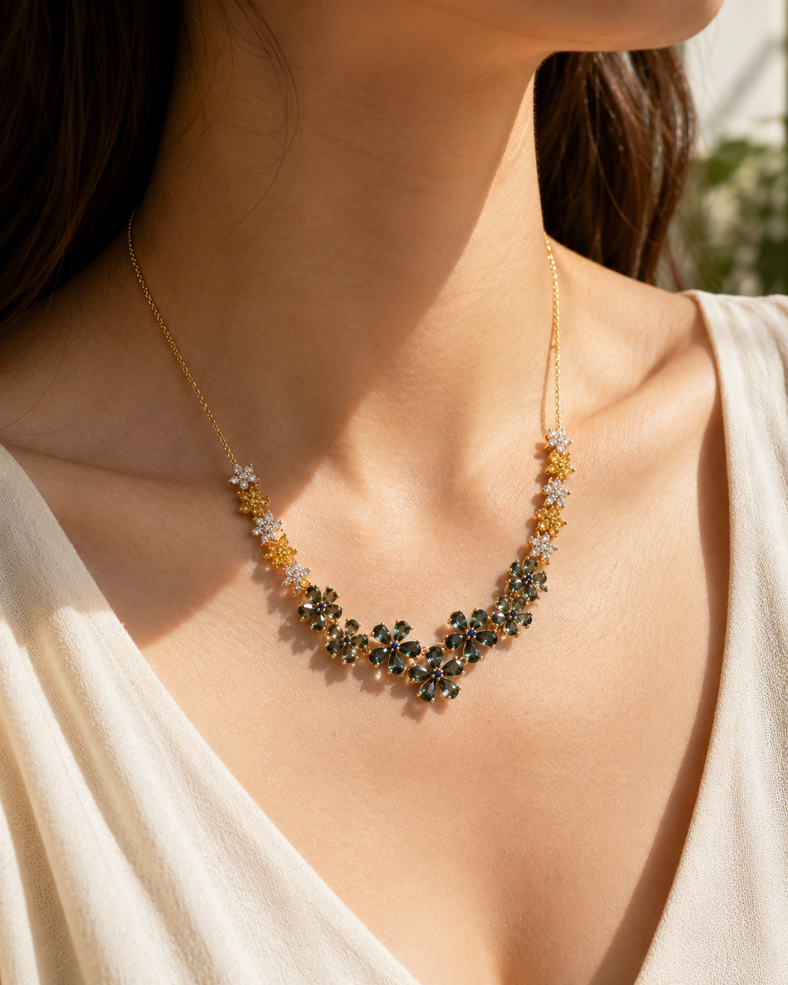 Field of flowers tennis necklace teal sapphire