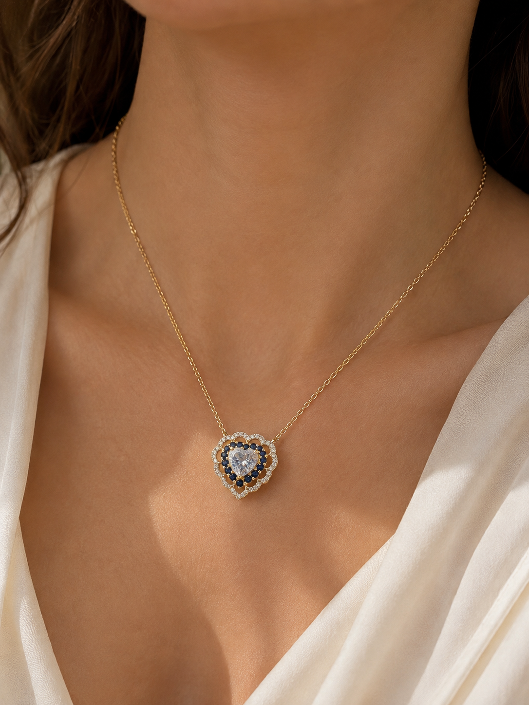 Sea Blue Sapphire & Diamond Heart Necklace