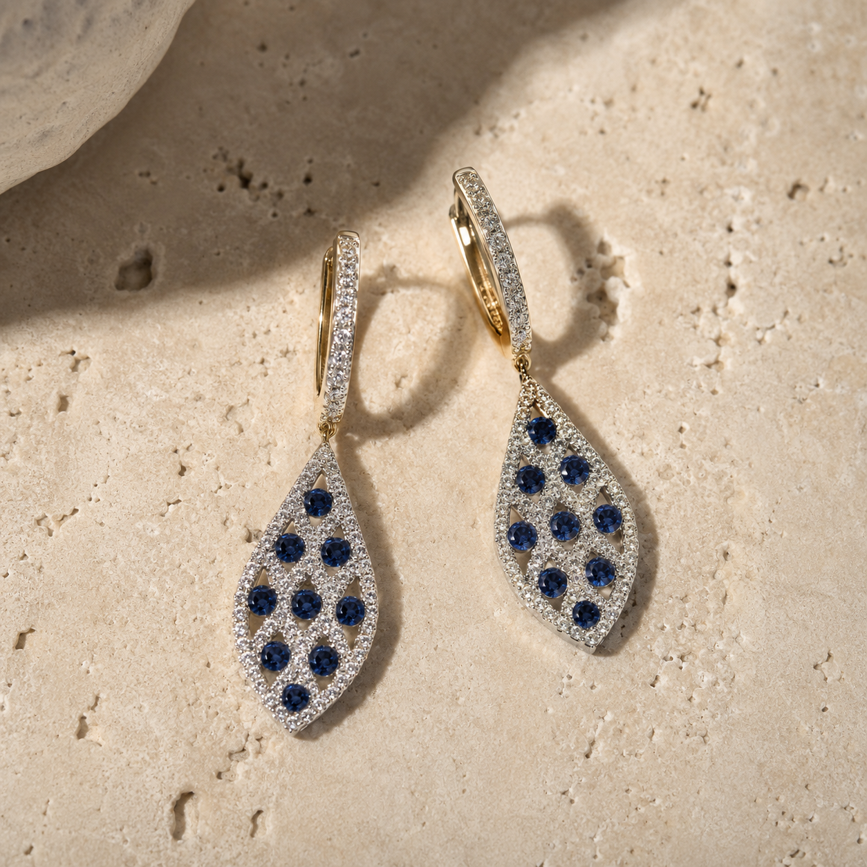 Spotted blue Sapphire & Diamond Dangle Huggies