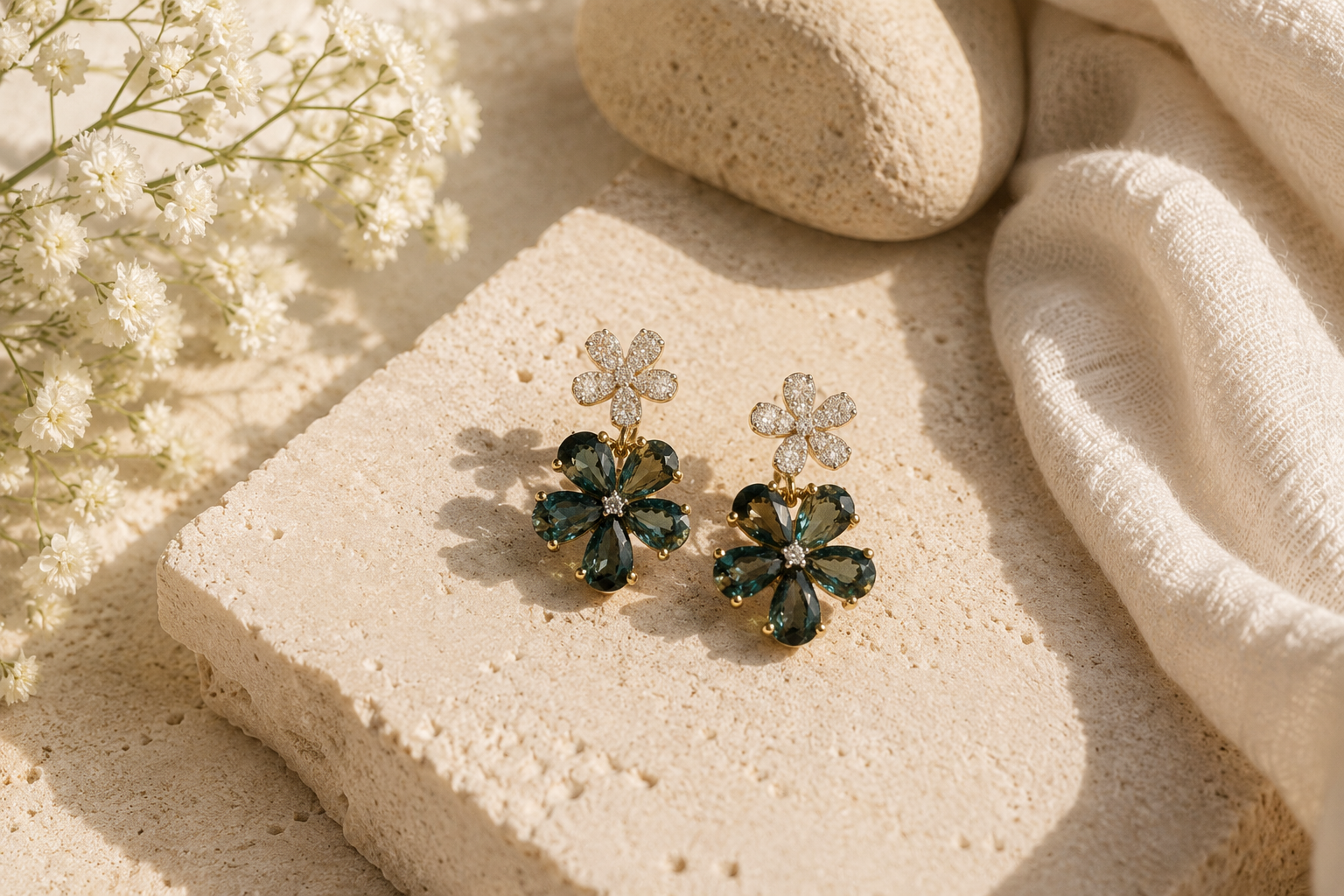 Diamond Sapphire Floral Drop Earrings teal sapphire
