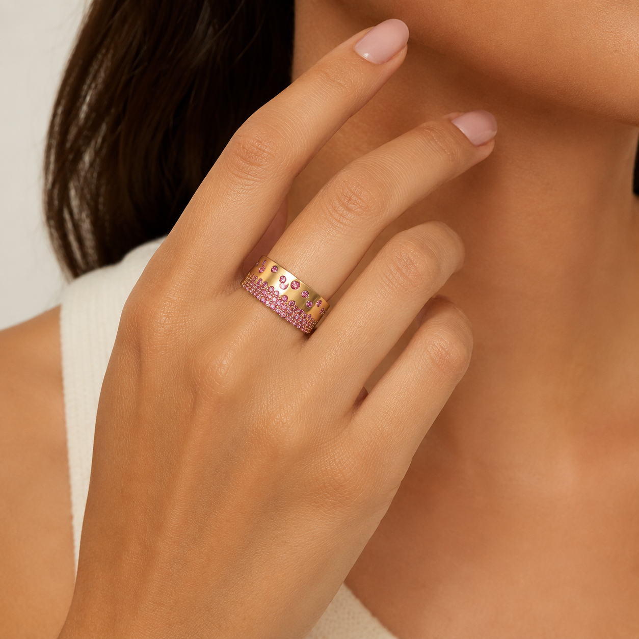 Elongated Blossoming Bubbles Pink Sapphire Band Pink Sapphire