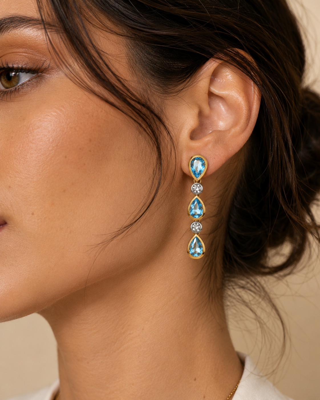 Reverse Tear Drop Topaz & Diamond Dangle Earrings BLUE TOPAZ