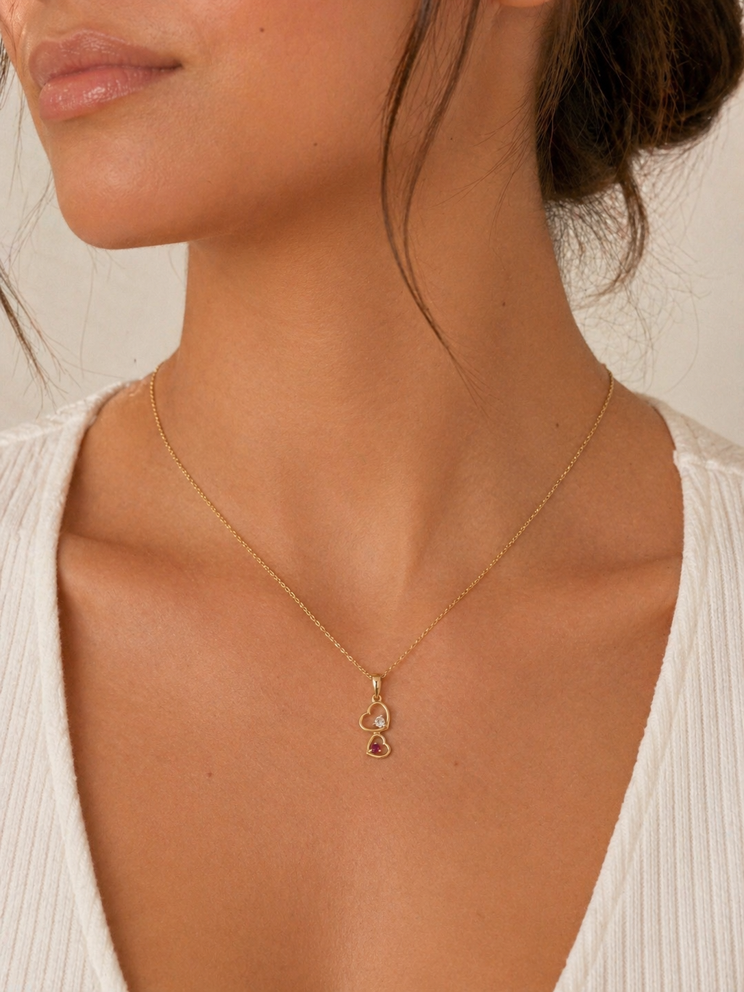 White Diamond & Ruby Stacking Heart Necklace hearts