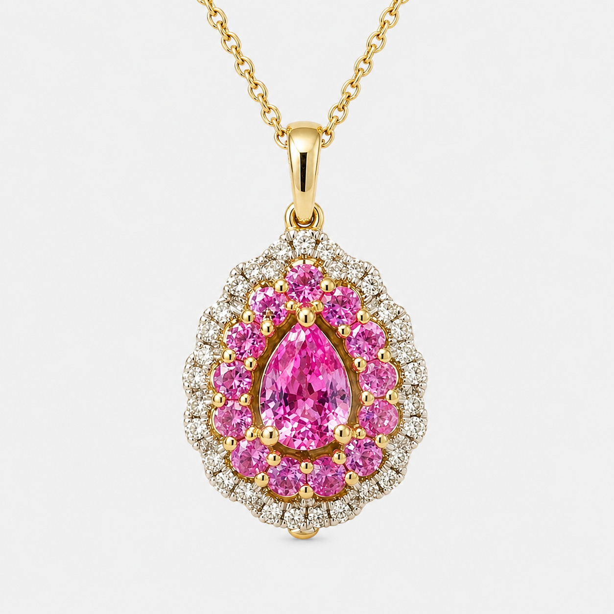 Radiating Pear Halo Pendant Pink Sapphire