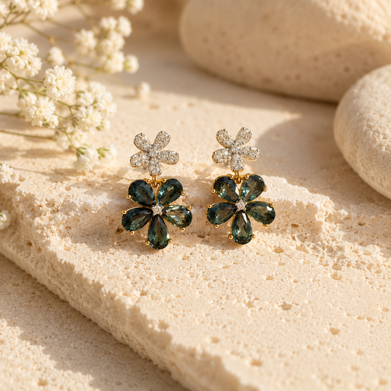 Diamond Sapphire Floral Drop Earrings teal sapphire