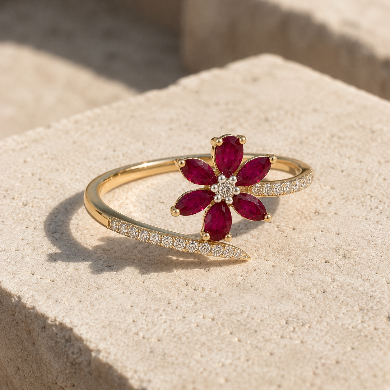 Ruby & Diamond Blooming Flower Ring Ruby