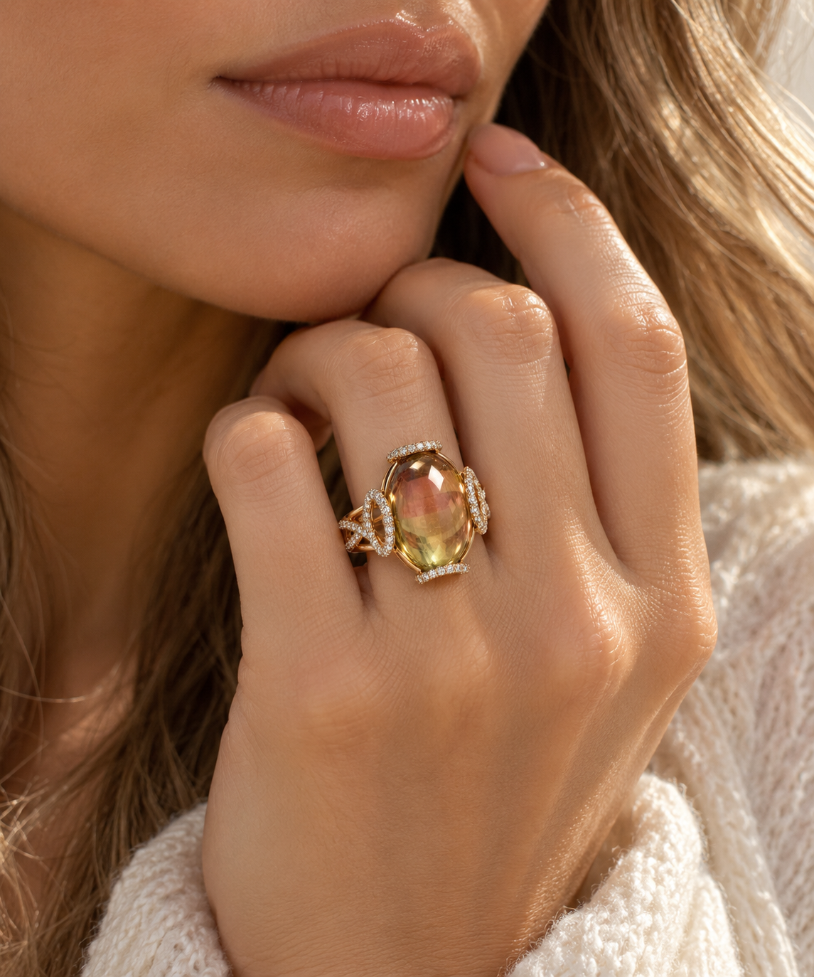 Cabochon Mirrored Csarite & Diamond Ring