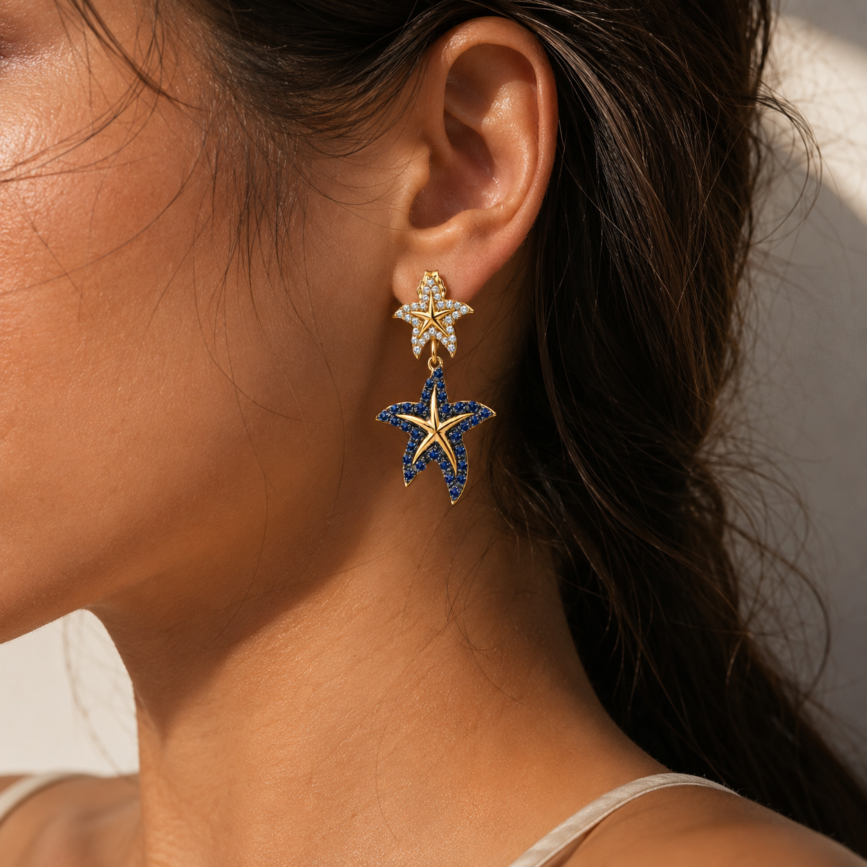 Sapphire & Diamond Starfish Dangle Earrings