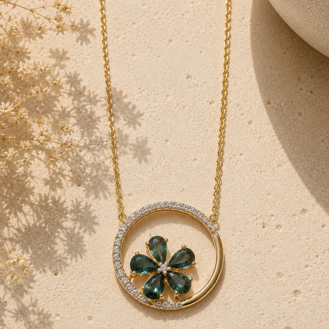 Teal Sapphire Flower & Diamond Necklace teal sapphire