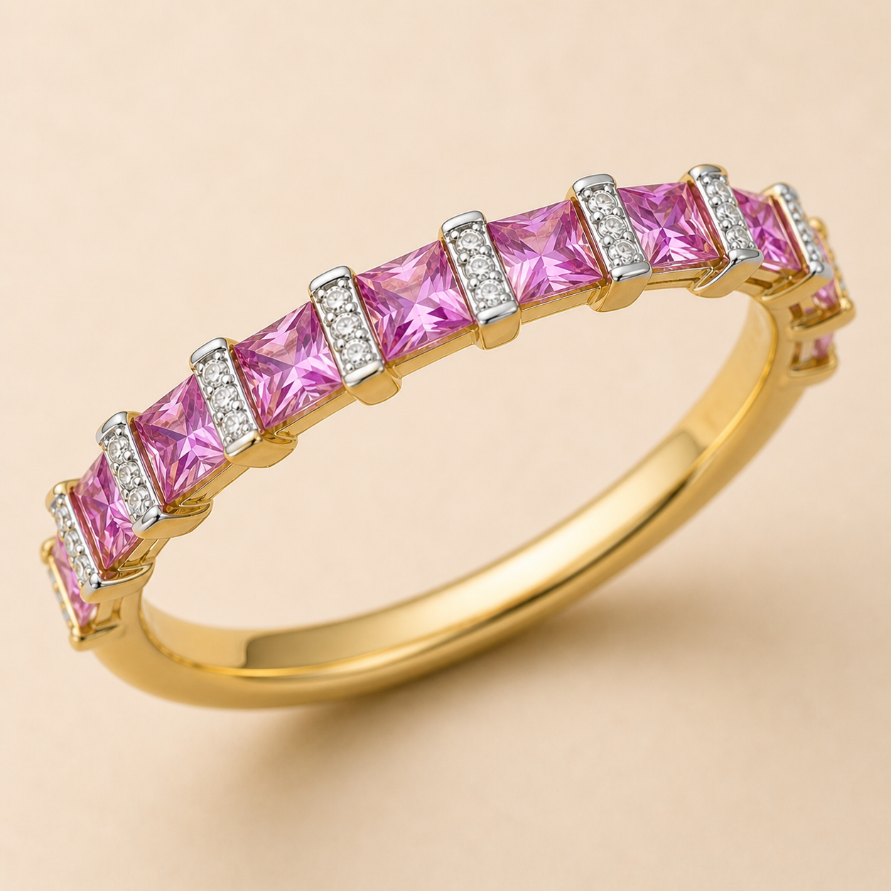Princess Pink Sapphire & White Diamond Band Ruby