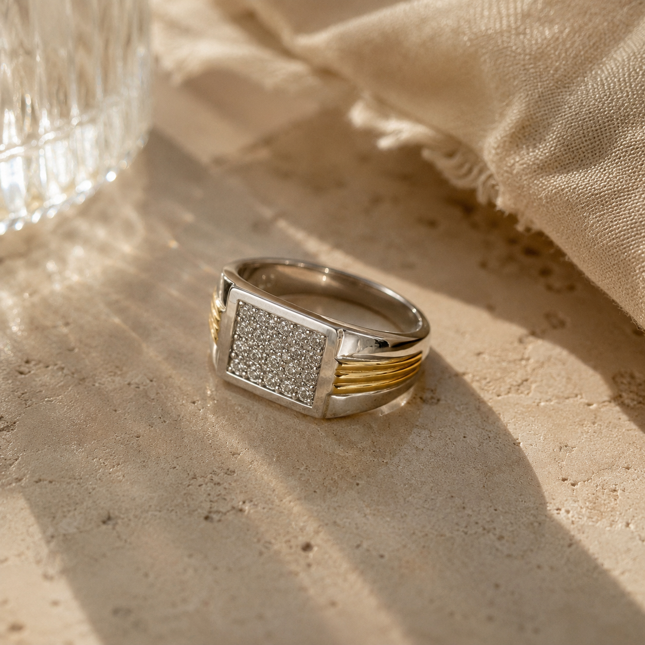 Two Tone Diamond Ribbed Men's Signet Ring White Diamond