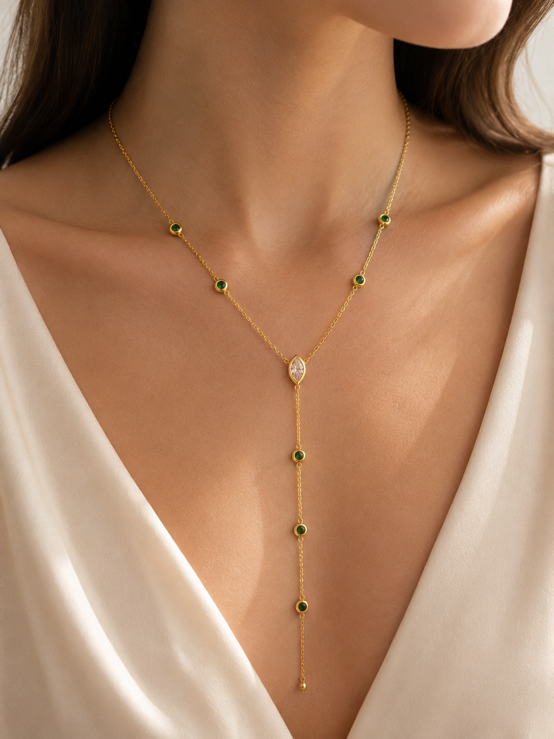 Marquise Diamond and Emerald Lariat Emerald
