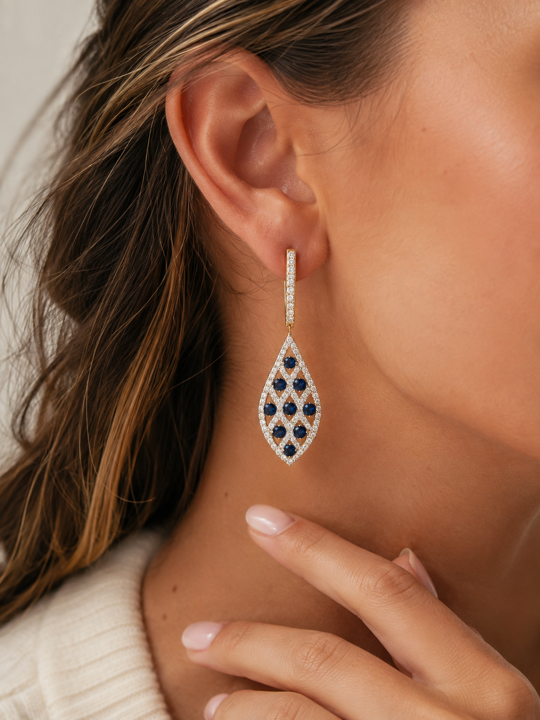 Spotted blue Sapphire & Diamond Dangle Huggies