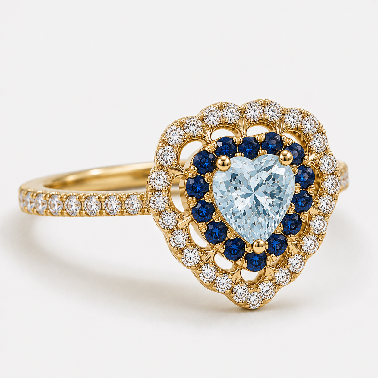 Sea Blue Sapphire & Diamond Heart Ring