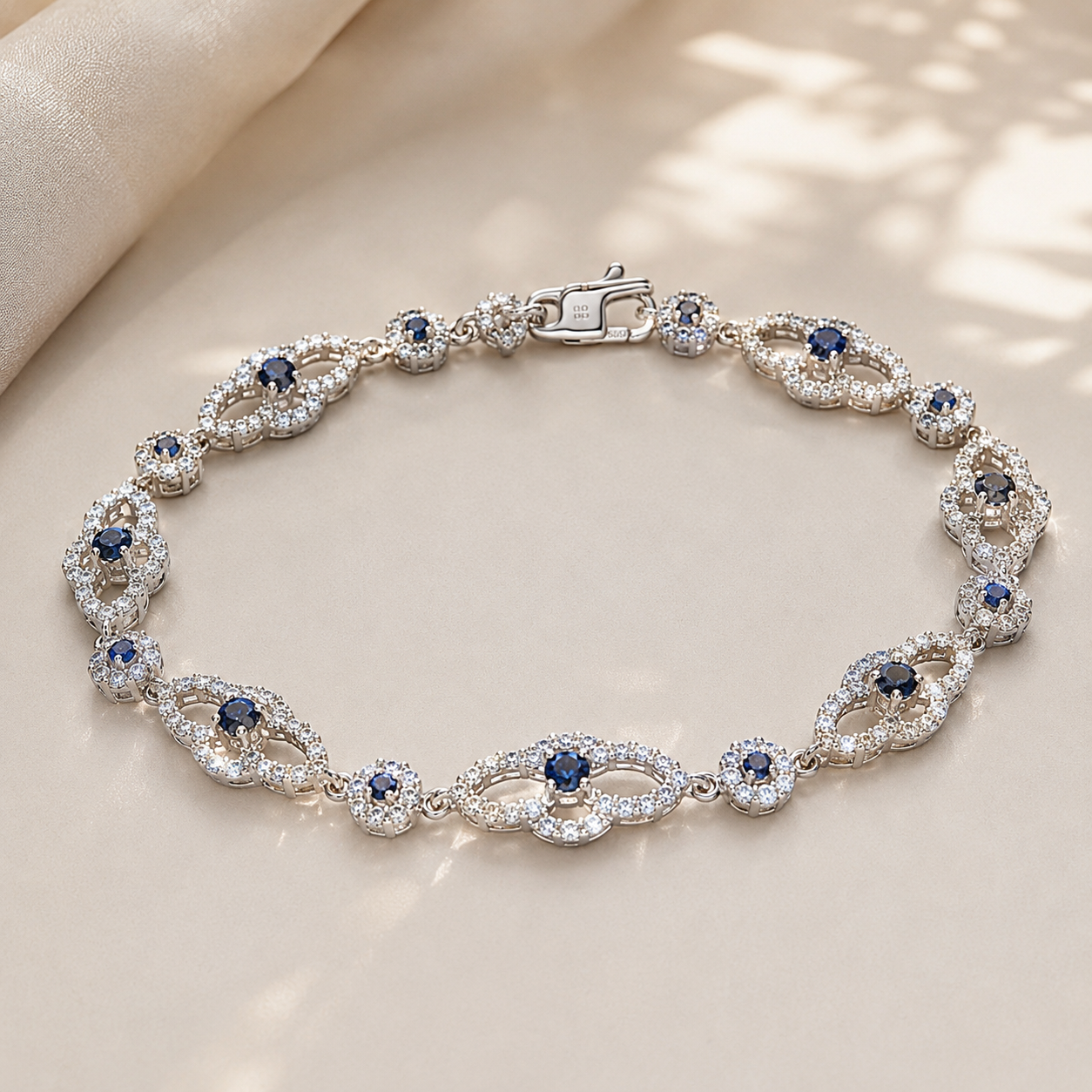 Blue Sapphire and White Diamond Open Link Tennis Bracelet Blue Sapphire