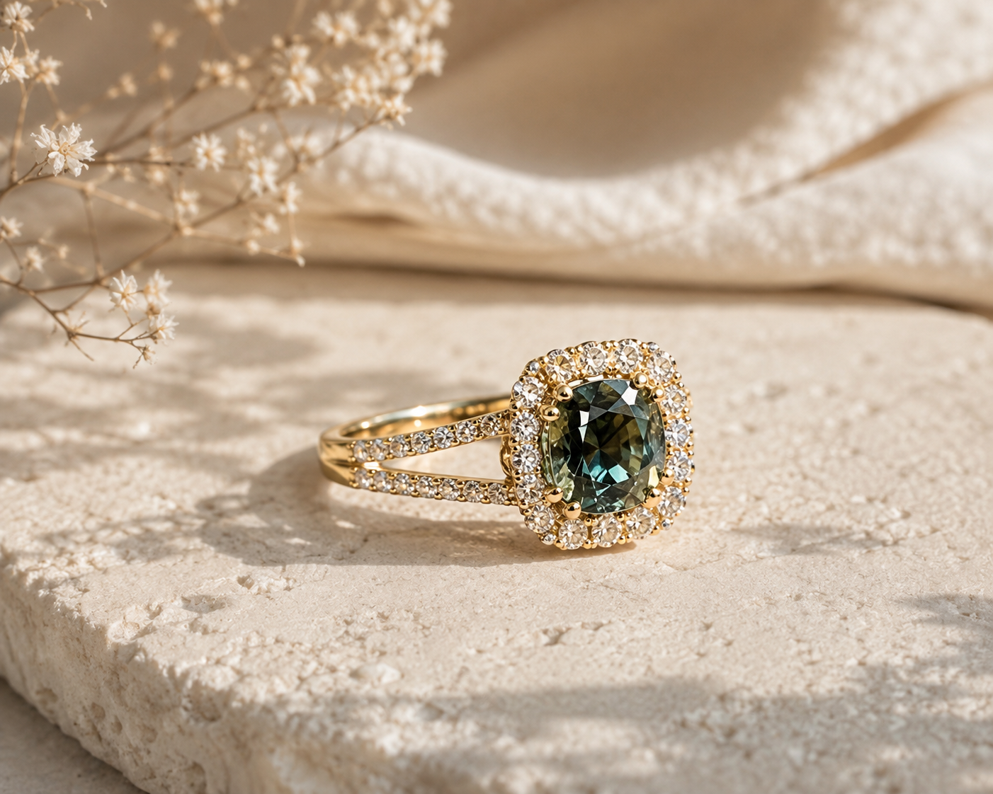 Certified Non-Heat Glimmer Garden Sapphire Ring