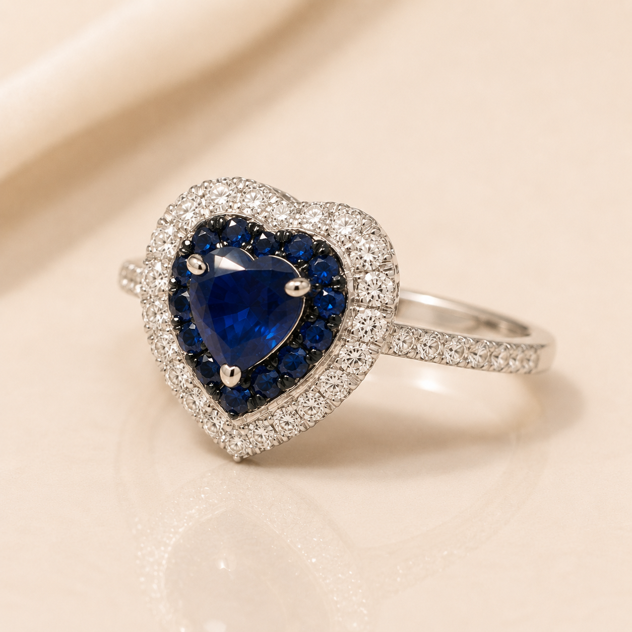 Dual Layer Diamond and Sapphire Heart Ring hearts