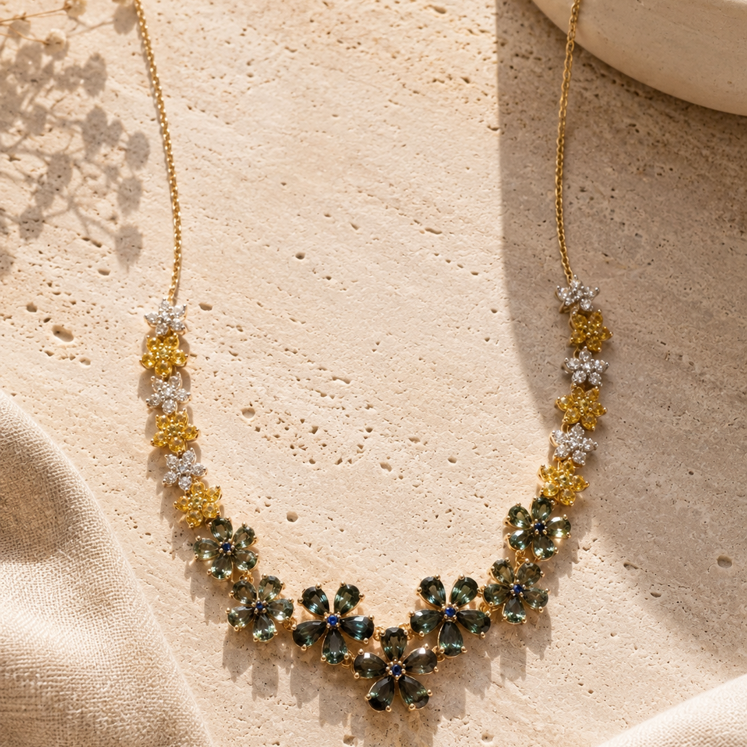 Field of flowers tennis necklace teal sapphire