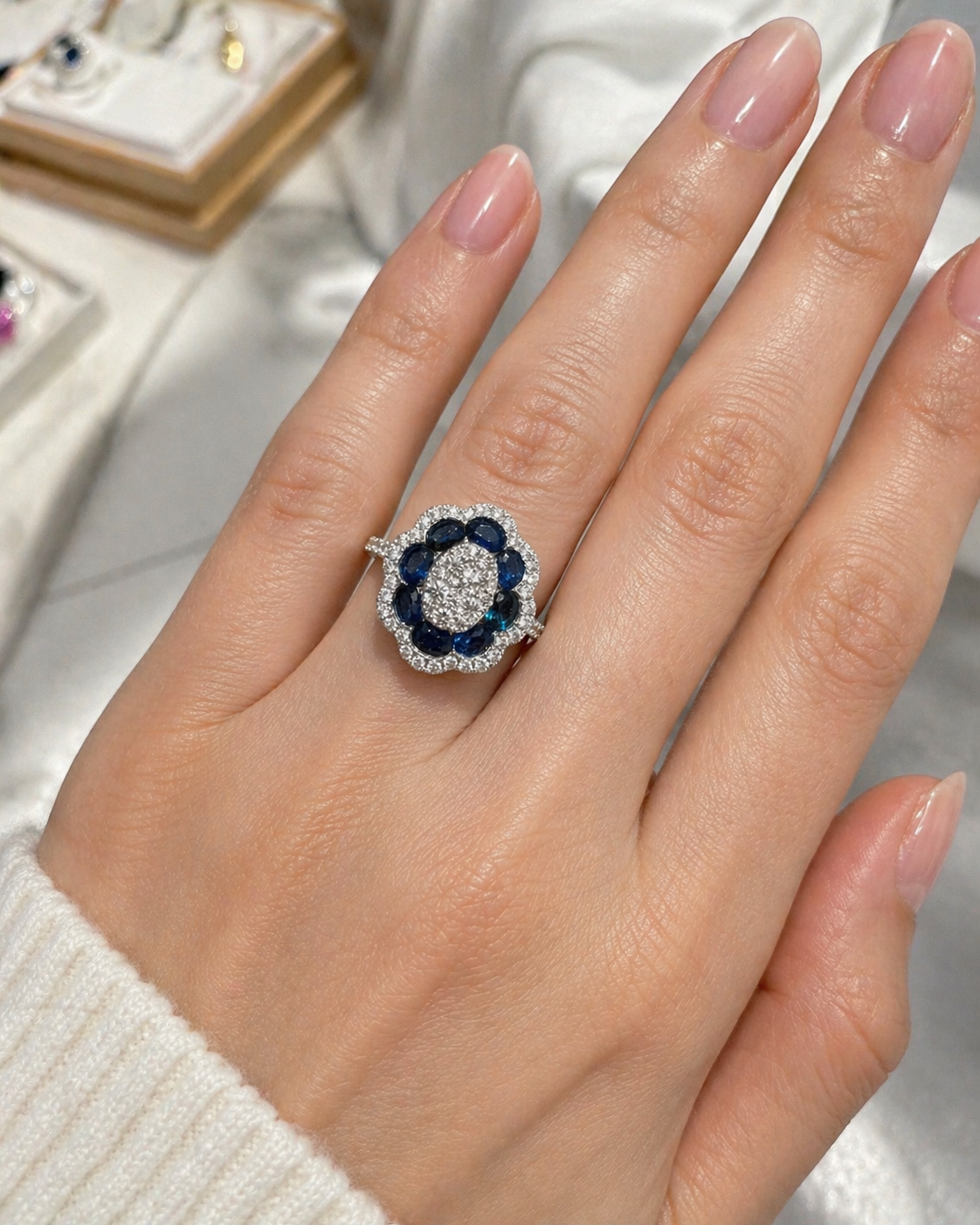 White Diamond and Blue Sapphire Large Flower Ring Blue Sapphire
