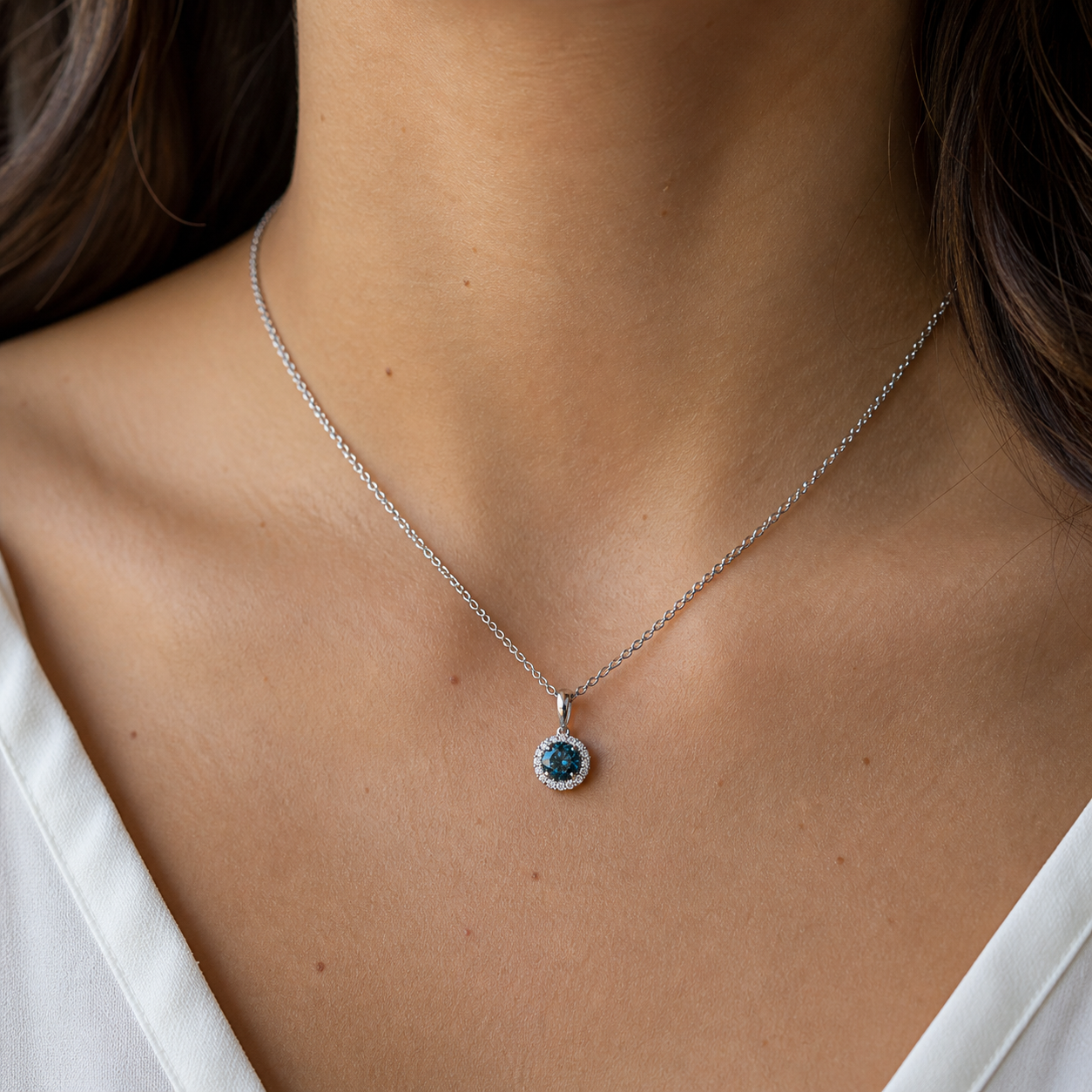 Blue Diamond Halo Necklace blue diamond
