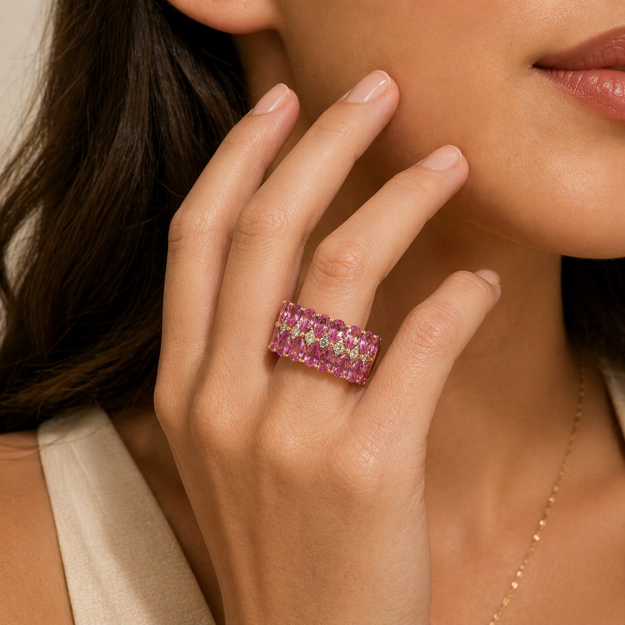 Inverse Teardrop Pink Sapphire and Diamond Band Pink Sapphire