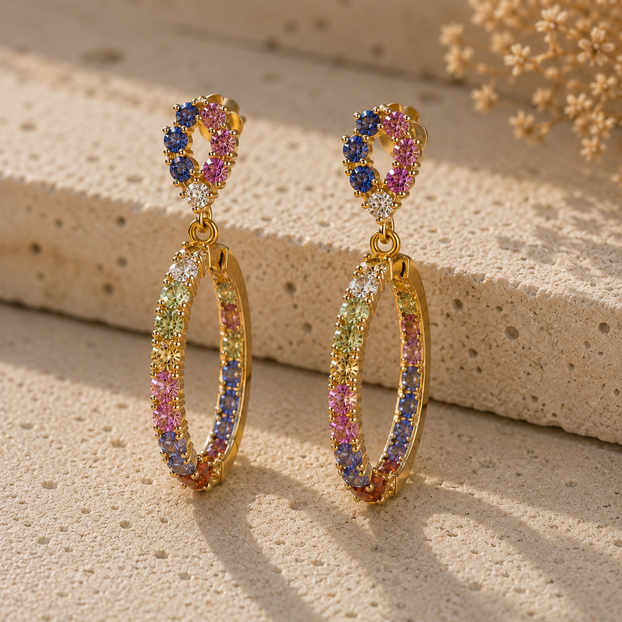 Rainbow Sapphire Drop Hoops