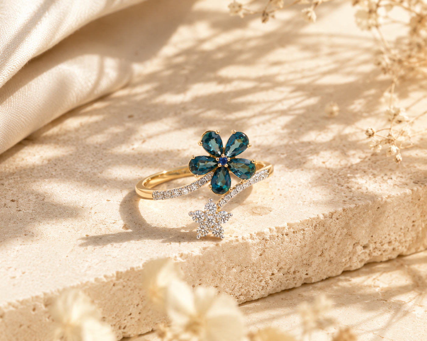 Budding Flowers Sapphire & Diamond Ring Blue Sapphire