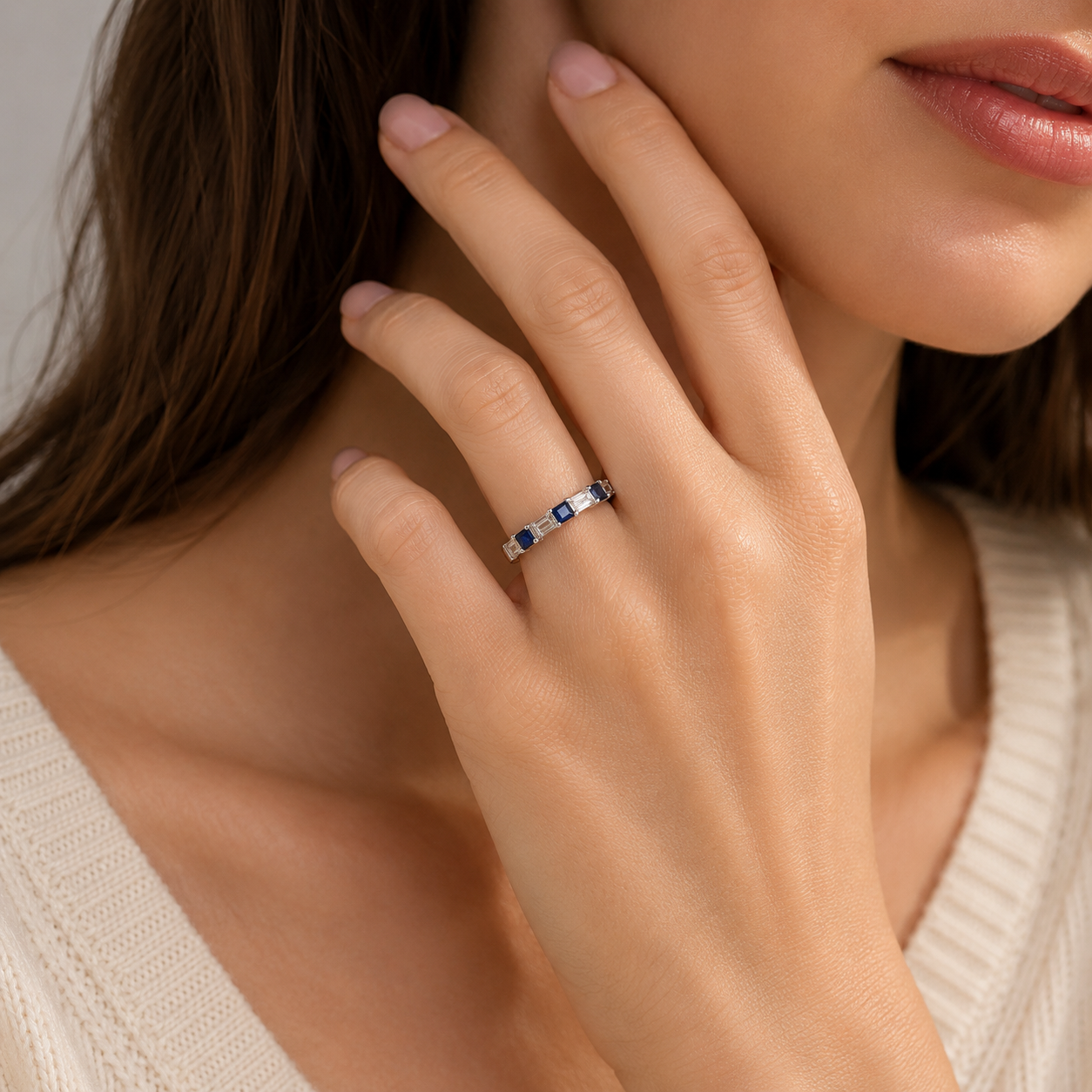 Baguette Diamond and Blue Sapphire Band Blue Sapphire