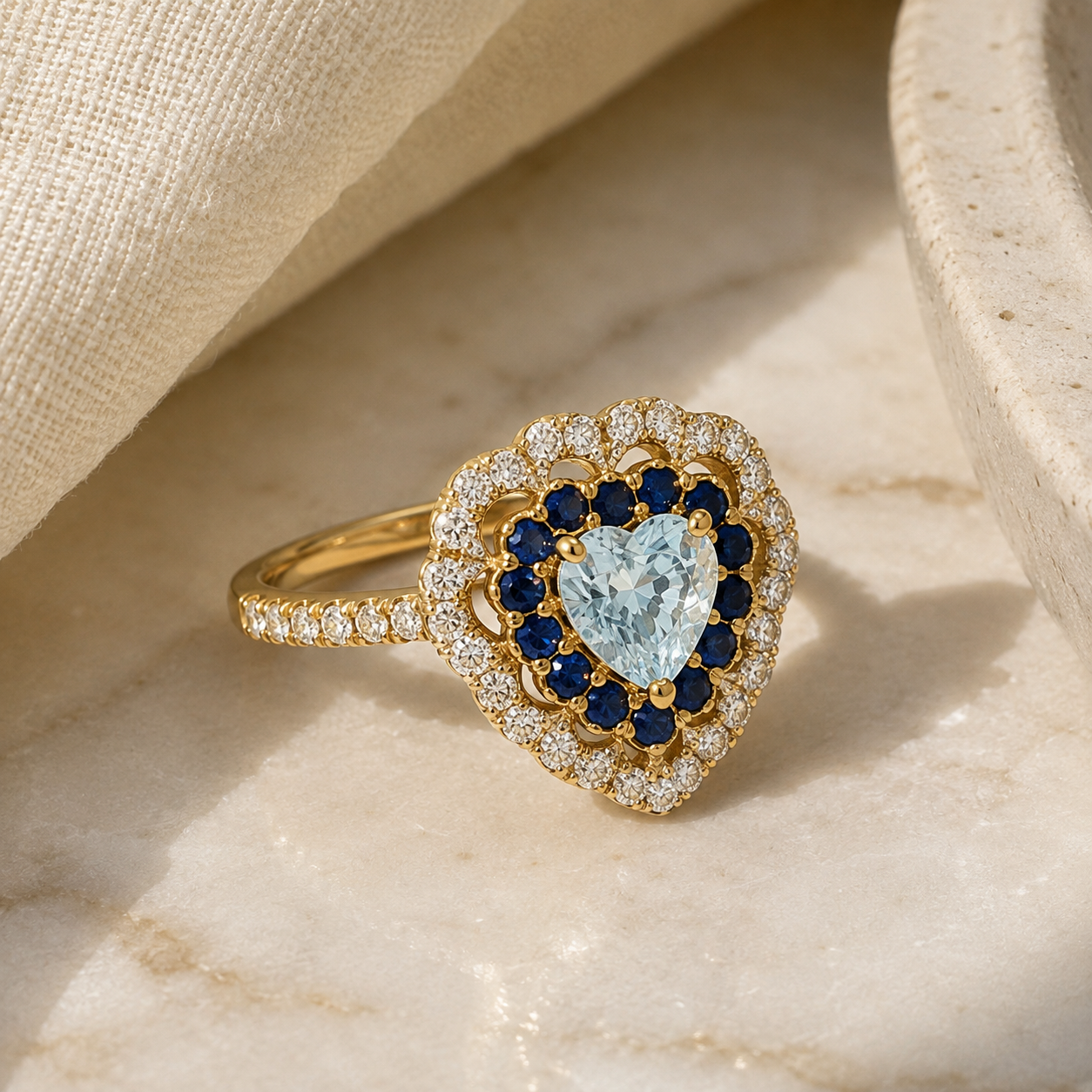 Sea Blue Sapphire & Diamond Heart Ring