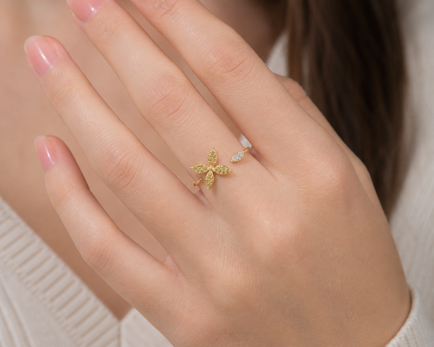 Yellow & White Diamond open Floral Ring Yellow Diamond