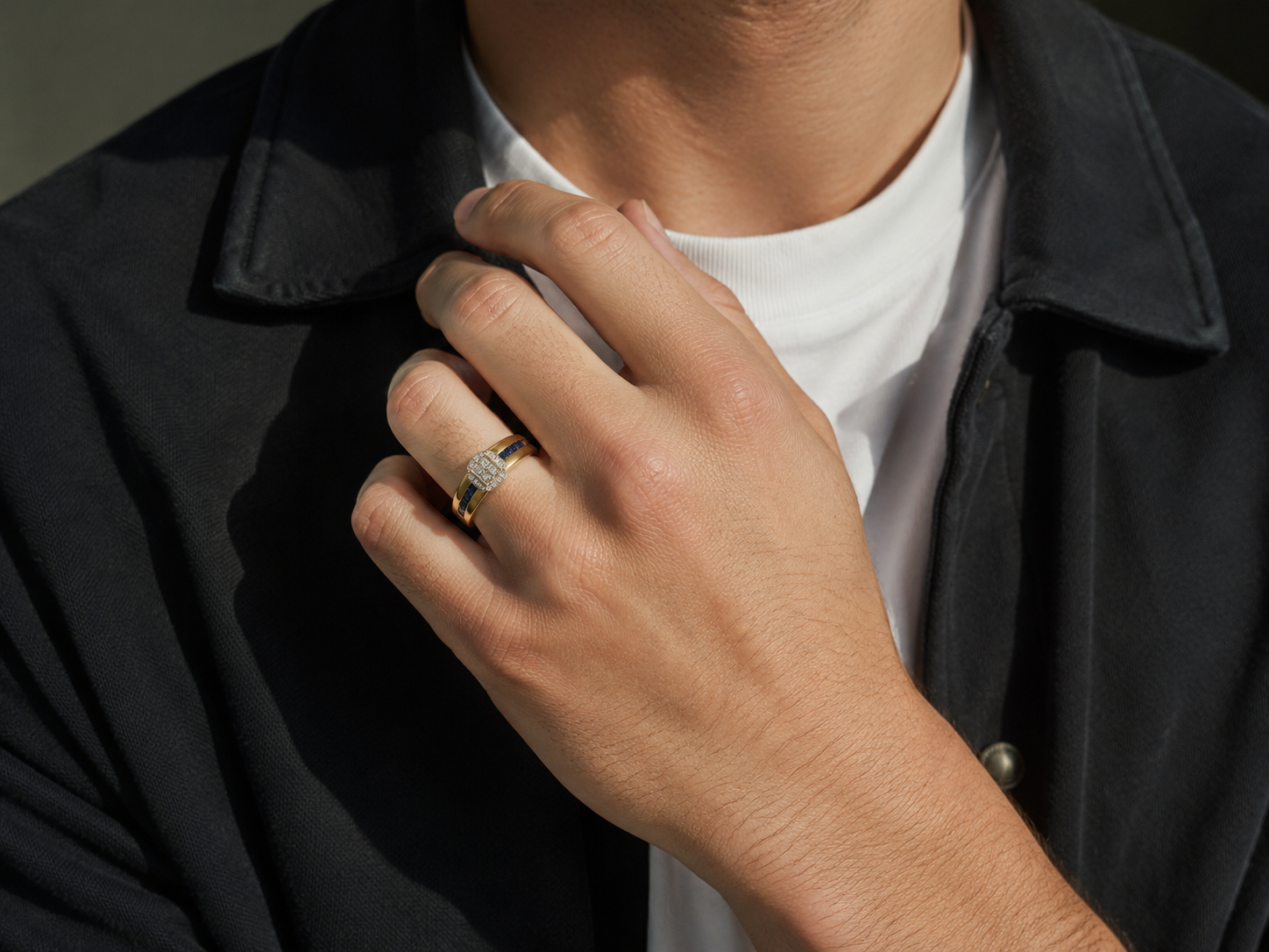 Diamond & Sapphire Mens Shield Ring