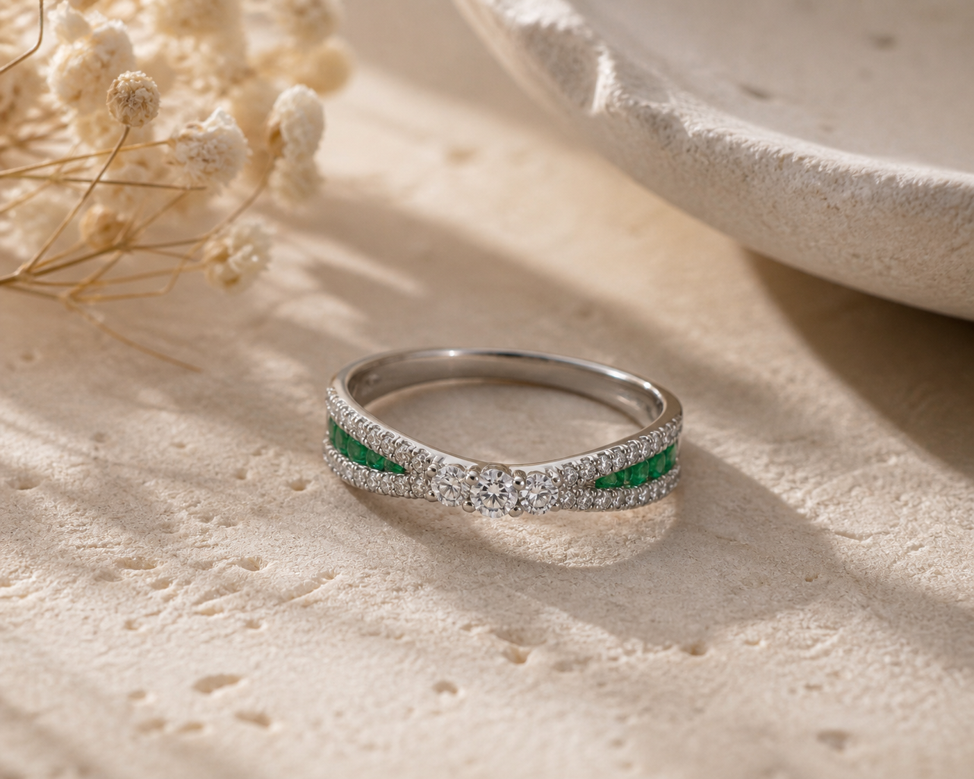 Criss Cross Diamond and Emerald Ring Emerald