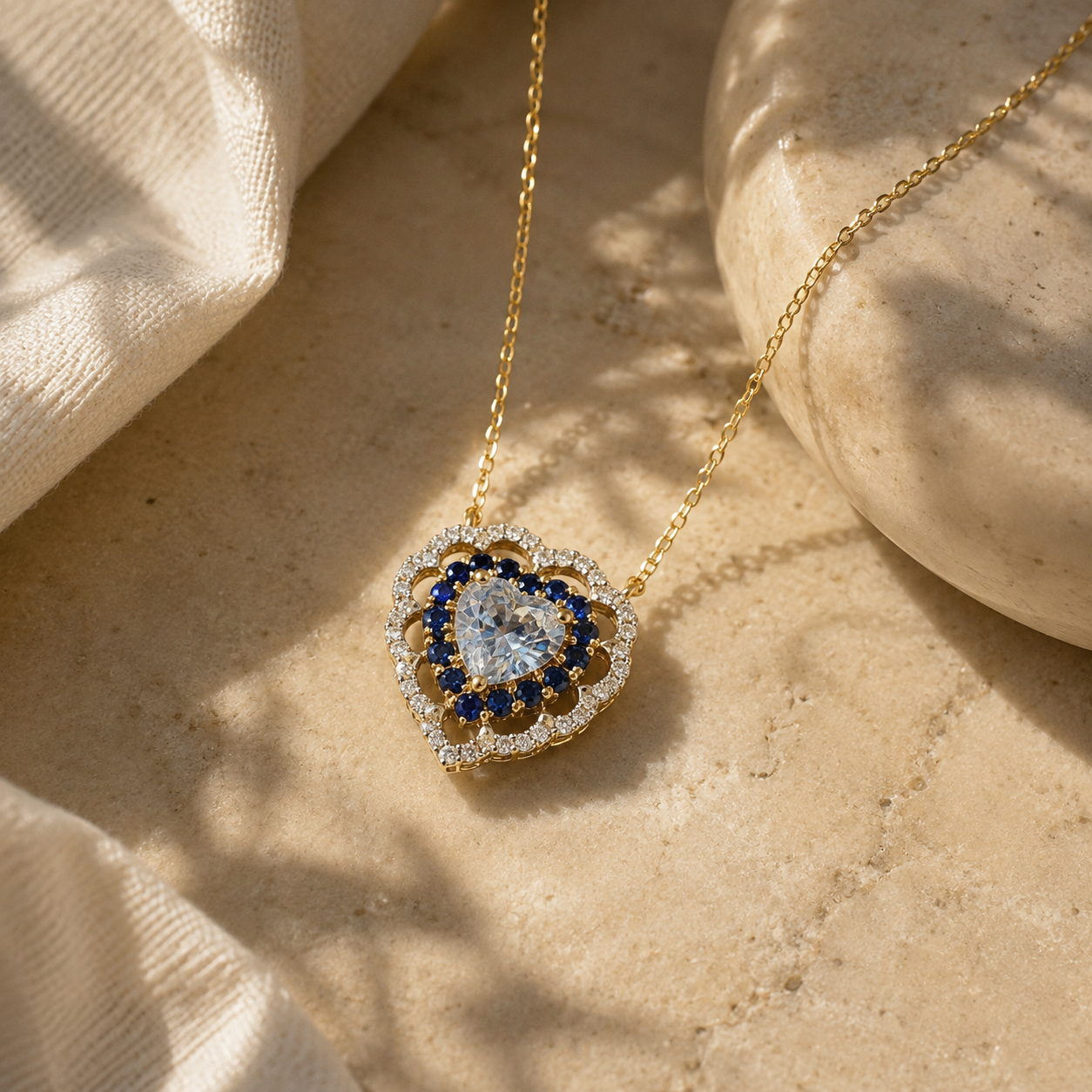 Sea Blue Sapphire & Diamond Heart Necklace