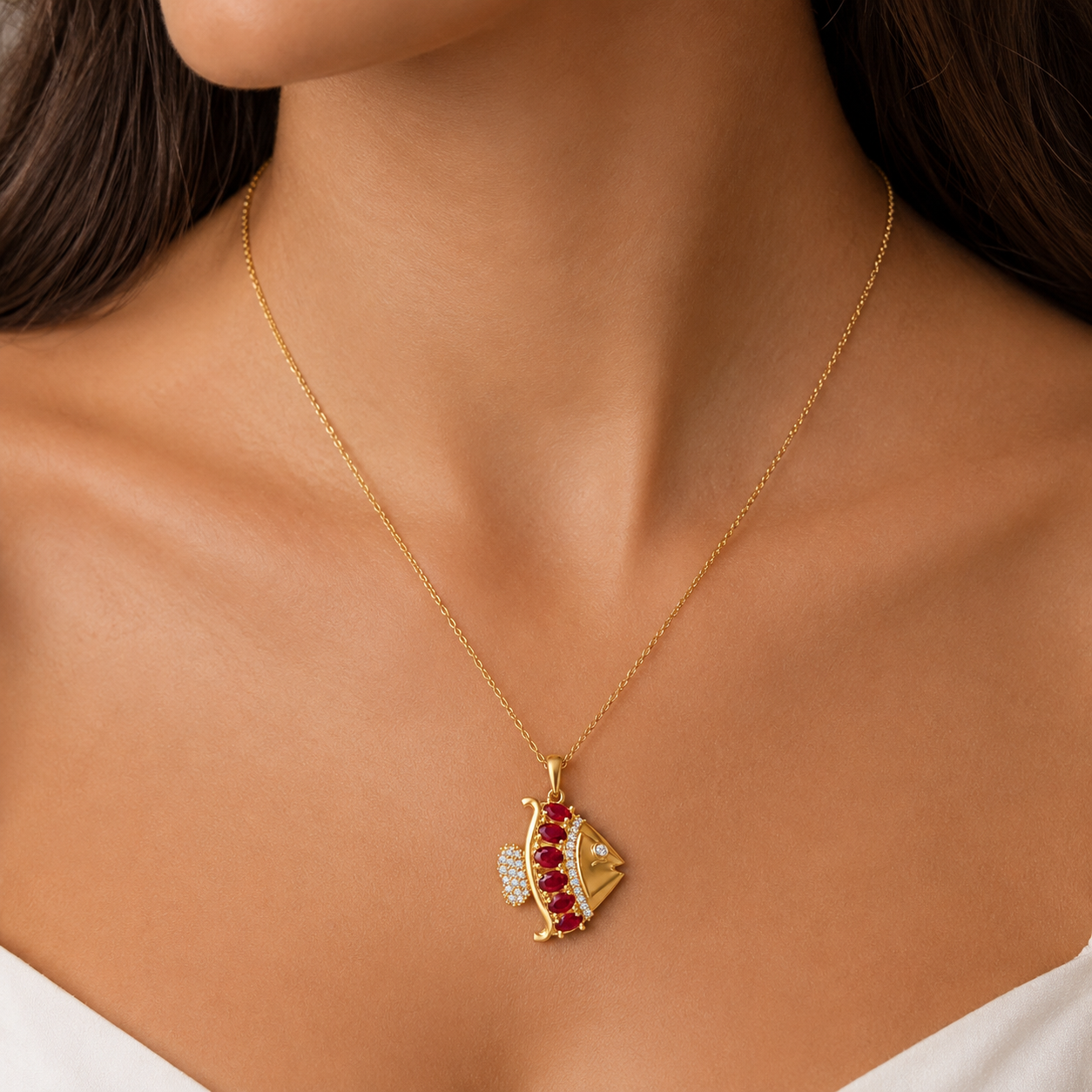 Ruby & Diamond Idol Fish Pendant Necklace