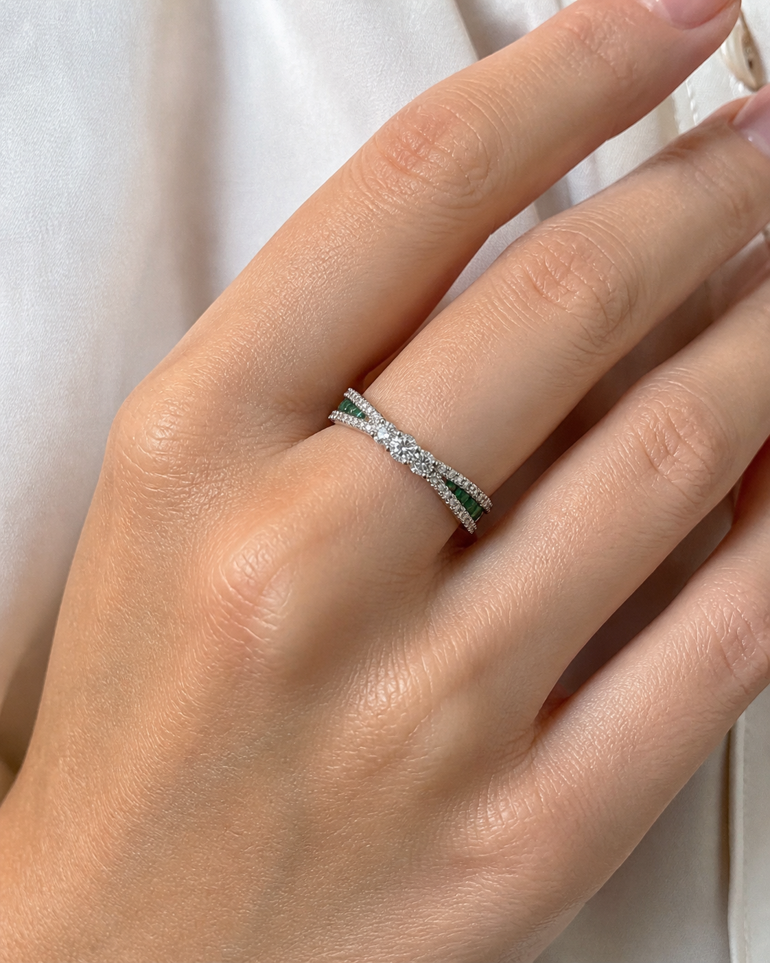 Criss Cross Diamond and Emerald Ring Emerald