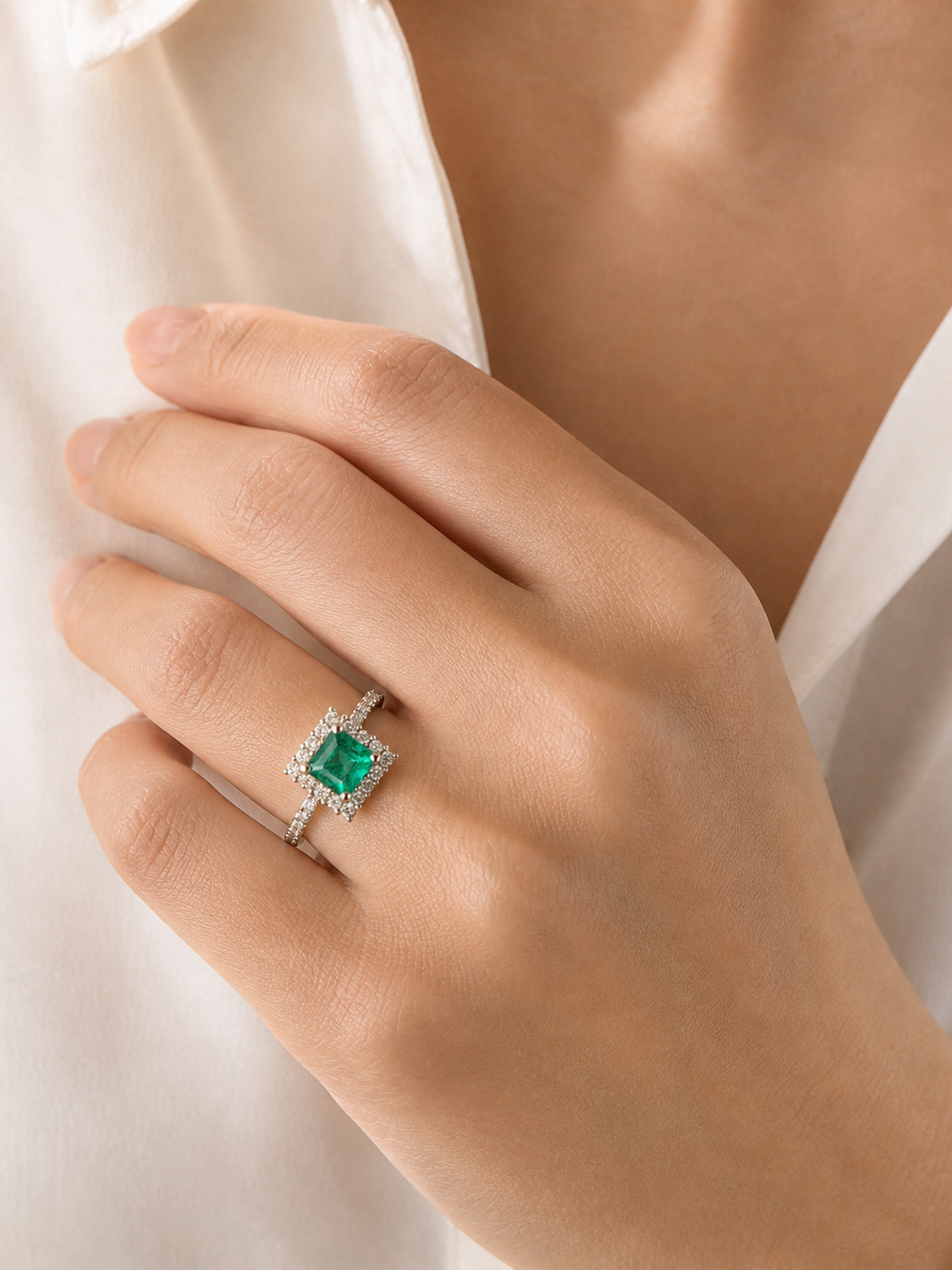 Princess Cut Colombian Emerald & Diamond Ring Emerald