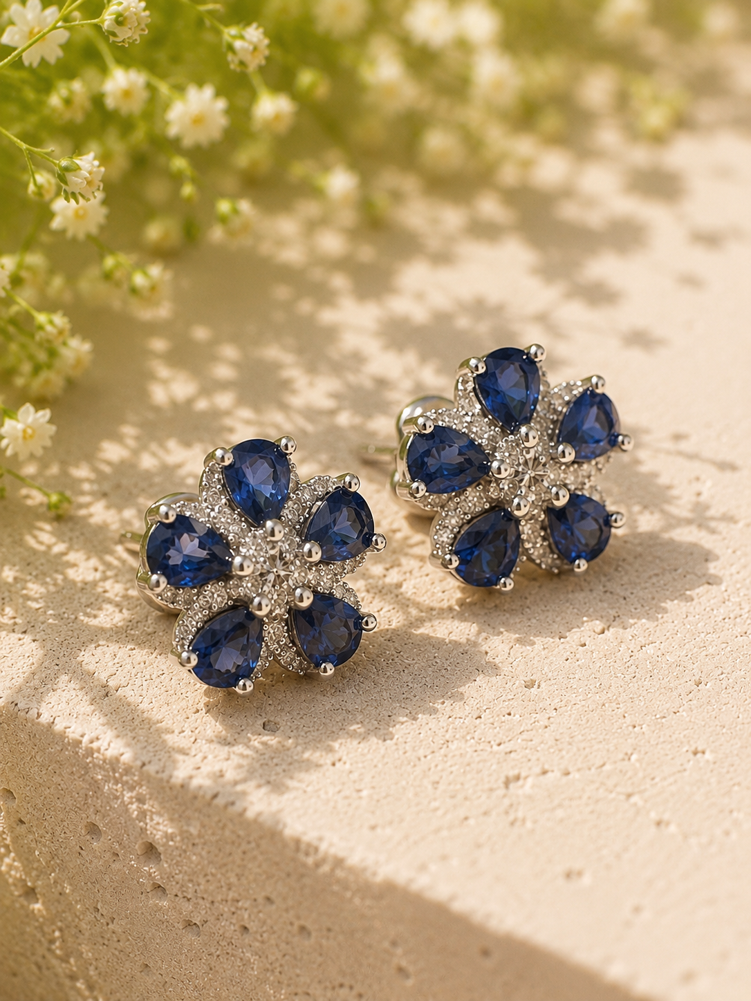 Flower Power Blue Sapphire and Diamond Studs Blue Sapphire