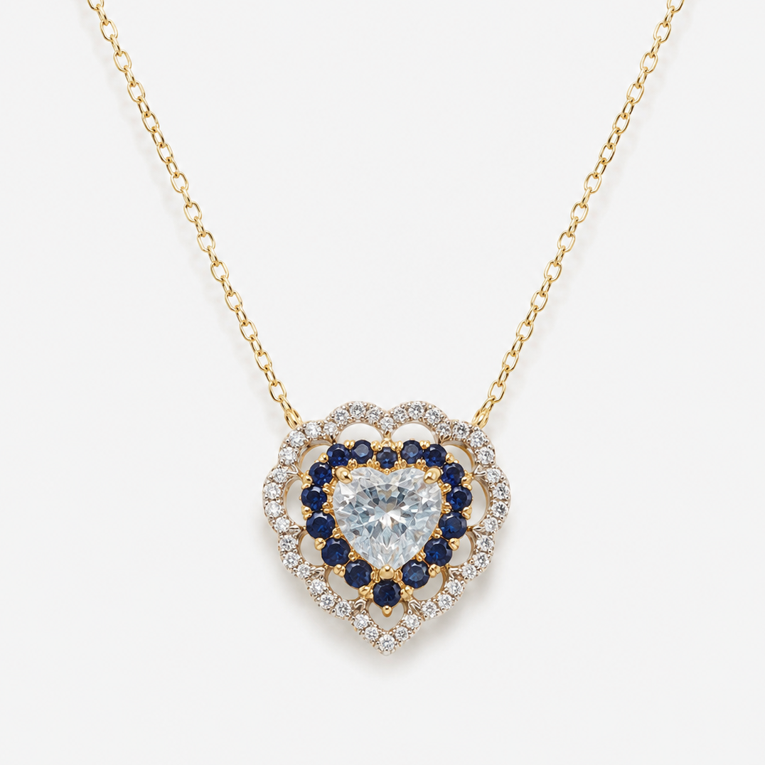Sea Blue Sapphire & Diamond Heart Necklace