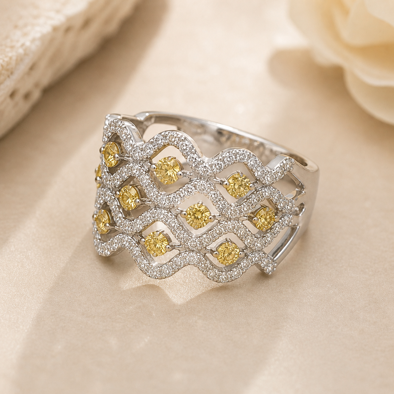 Yellow & White Diamond Trio Band Yellow Diamond