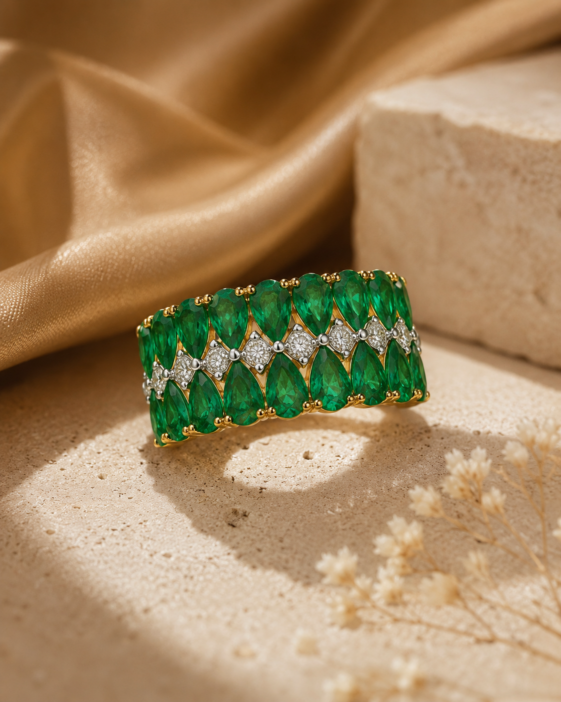Inverse Teardrop Emerald and Diamond Band Emerald