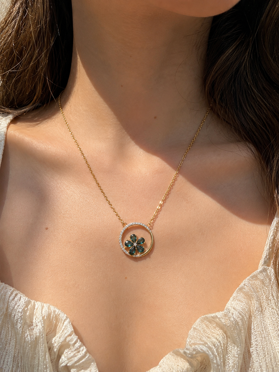 Teal Sapphire Flower & Diamond Necklace teal sapphire