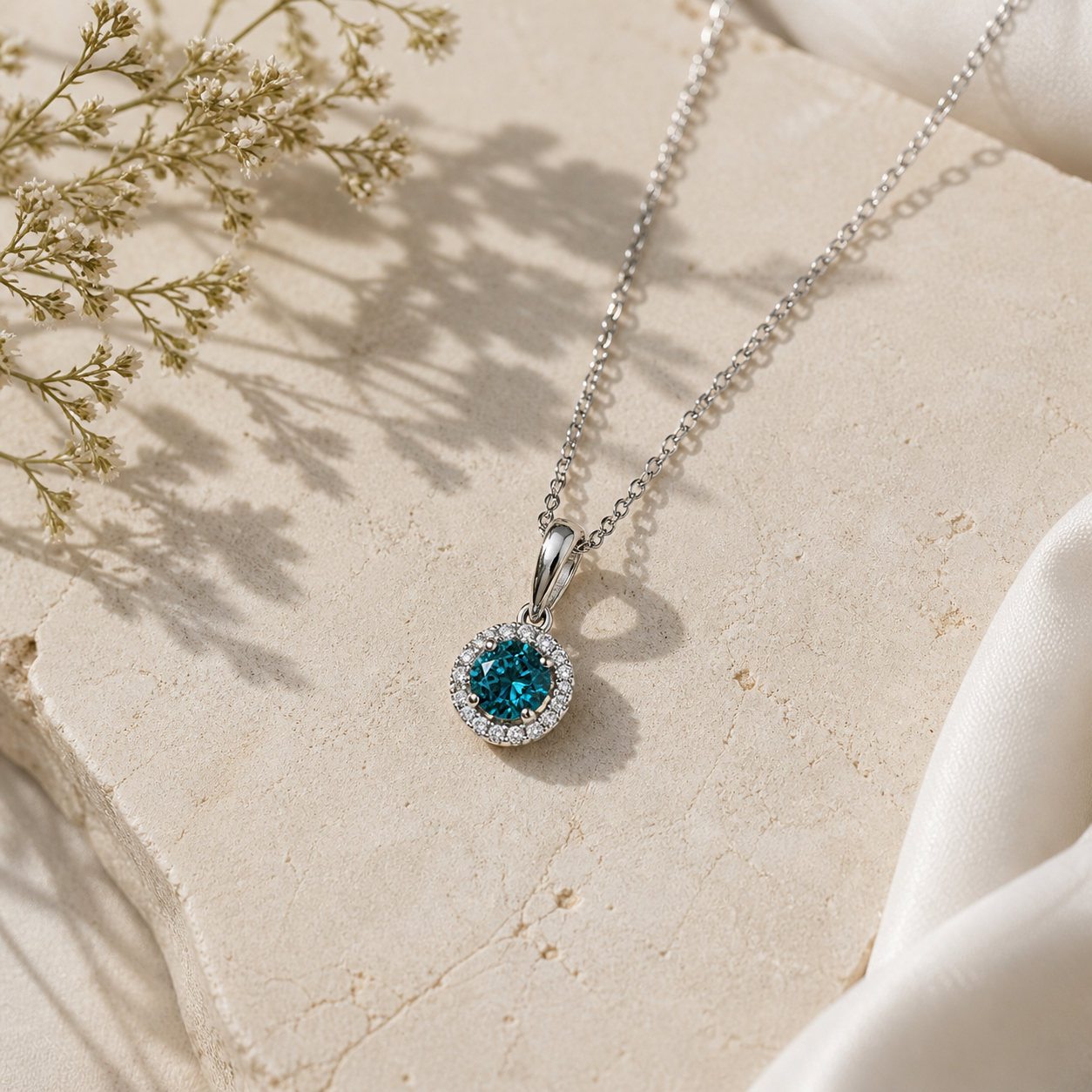 Blue Diamond Halo Necklace blue diamond