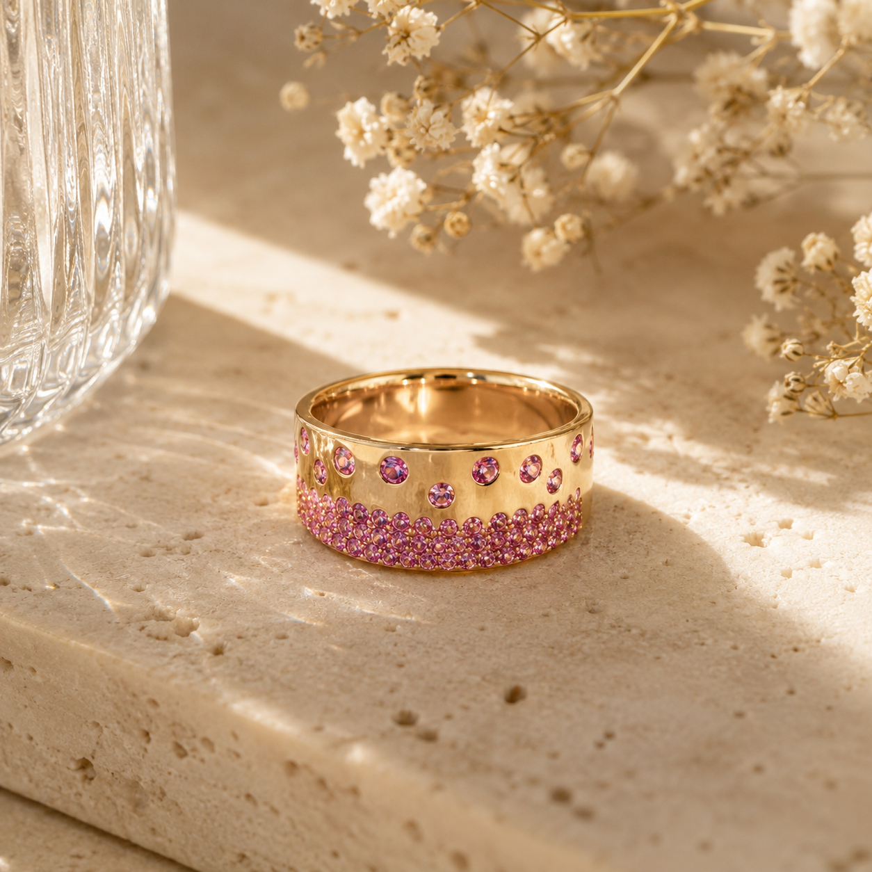 Elongated Blossoming Bubbles Pink Sapphire Band Pink Sapphire