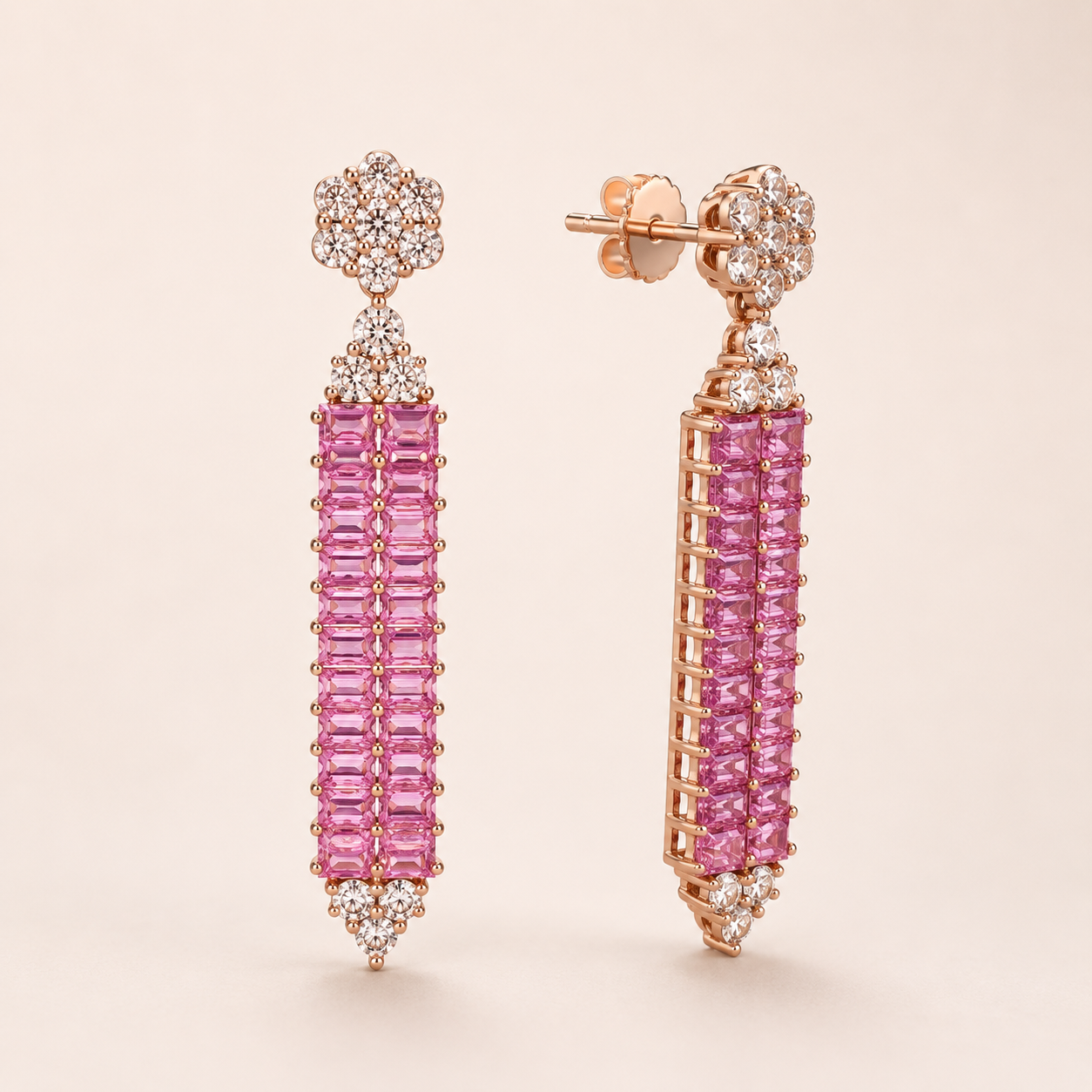 Baguette Pink Sapphire and Diamond Tennis Earrings Pink Sapphire